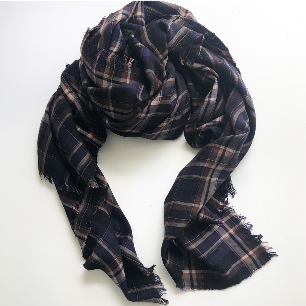 Pas De Calais Light Weight Tencel Scarf Navy Plaid